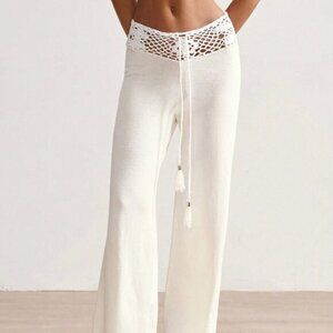 White Elegant Women's Boho Vacation Style Crocheted Waist Tie Knitted Pants